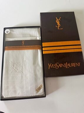 Vintage Yves Saint Laurent White Cotton Embroidered Pocket Squares - Set of 3